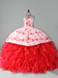 Organza Halter Top Sleeveless Court Train Lace Up Embroidery and Ruffles Quinceanera Gown in Red