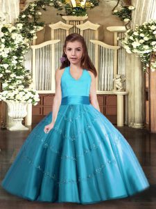 Excellent Baby Blue Lace Up Kids Pageant Dress Beading Sleeveless Floor Length