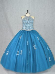 Fitting Blue Sleeveless Tulle Lace Up Quinceanera Dresses for Sweet 16 and Quinceanera