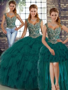 Romantic Peacock Green Sleeveless Organza Lace Up Quinceanera Dress for Military Ball and Sweet 16 and Quinceanera