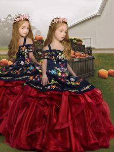 Beautiful Wine Red Sleeveless Embroidery and Ruffles Floor Length Kids Formal Wear