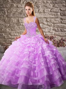 Hot Sale Lilac Lace Up Ball Gown Prom Dress Beading and Ruffled Layers Sleeveless Floor Length