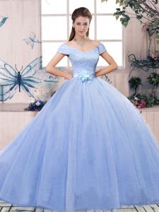 Lavender Ball Gowns Tulle Off The Shoulder Short Sleeves Lace and Hand Made Flower Floor Length Lace Up Vestidos de Quinceanera