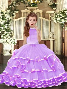 Lavender Sleeveless Beading and Ruffled Layers Floor Length Kids Formal Wear