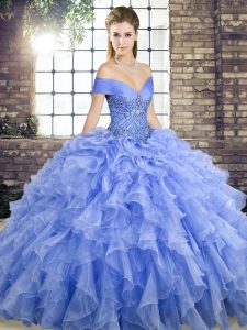 Excellent Sleeveless Beading and Ruffles Lace Up 15th Birthday Dress with Lavender Brush Train