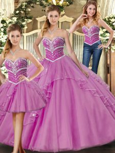 Stunning Sleeveless Floor Length Beading Lace Up Quince Ball Gowns with Lilac