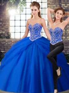 Sexy Sweetheart Sleeveless Brush Train Lace Up Quinceanera Dress Royal Blue Tulle