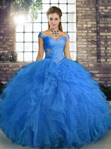 Custom Designed Off The Shoulder Sleeveless Lace Up Quinceanera Dress Blue Tulle