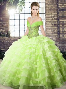 Custom Made Beading and Ruffled Layers 15th Birthday Dress Yellow Green Lace Up Sleeveless Brush Train