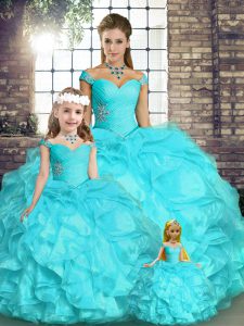 Floor Length Aqua Blue Quinceanera Gown Off The Shoulder Sleeveless Lace Up