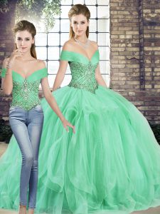 High Class Off The Shoulder Sleeveless Quince Ball Gowns Floor Length Beading and Ruffles Apple Green Tulle