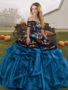 Sexy Blue And Black Ball Gowns Organza Off The Shoulder Sleeveless Embroidery and Ruffles Floor Length Lace Up Quinceanera Dress