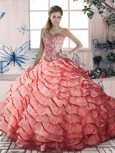 Classical Organza Sleeveless Sweet 16 Dress Brush Train and Beading and Ruffled Layers