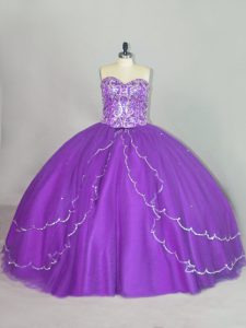 Elegant Purple Ball Gowns Sweetheart Sleeveless Tulle Brush Train Lace Up Beading and Sequins 15 Quinceanera Dress