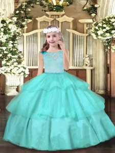 Custom Fit Scoop Sleeveless Zipper Girls Pageant Dresses Aqua Blue Organza