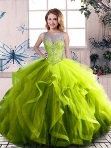 Scoop Sleeveless Tulle Sweet 16 Dresses Beading and Ruffles Lace Up