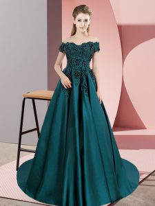 Off The Shoulder Sleeveless 15 Quinceanera Dress Floor Length Court Train Lace Teal Satin