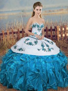 Flare Blue And White Ball Gowns Embroidery and Ruffles and Bowknot Quinceanera Gown Lace Up Organza Sleeveless Floor Length