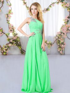 Elegant Green Empire One Shoulder Sleeveless Chiffon Floor Length Zipper Beading Vestidos de Damas