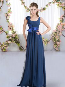 Clearance Navy Blue Sleeveless Floor Length Belt and Hand Made Flower Zipper Court Dresses for Sweet 16