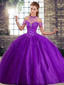 Attractive Purple Tulle Lace Up Halter Top Sleeveless Quince Ball Gowns Brush Train Beading