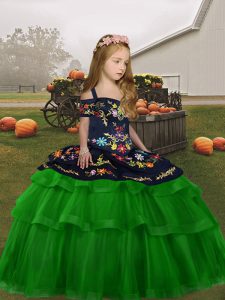 Sleeveless Floor Length Embroidery and Ruffled Layers Lace Up Little Girl Pageant Gowns with Green