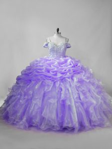 Exquisite Straps Sleeveless Brush Train Lace Up Quinceanera Dresses Lavender Organza