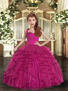 Custom Fit Fuchsia Sleeveless Tulle Lace Up Kids Pageant Dress for Party and Wedding Party