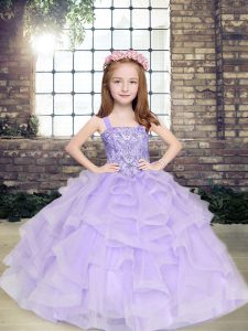 Lavender Sleeveless Tulle Lace Up Little Girl Pageant Dress for Party and Military Ball and Wedding Party