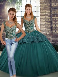 Floor Length Lace Up 15 Quinceanera Dress Green for Military Ball and Sweet 16 with Beading and Appliques