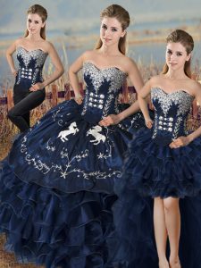 Navy Blue Sleeveless Satin and Organza Lace Up 15th Birthday Dress for Sweet 16 and Quinceanera