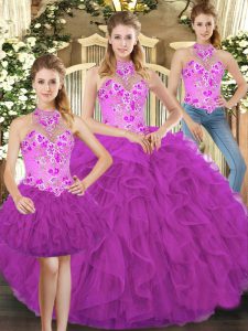 Fuchsia Tulle Lace Up Halter Top Sleeveless Floor Length Quinceanera Dress Embroidery and Ruffles