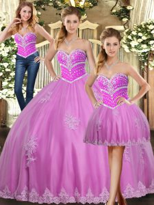 Top Selling Sleeveless Floor Length Beading and Appliques Lace Up 15th Birthday Dress with Lilac