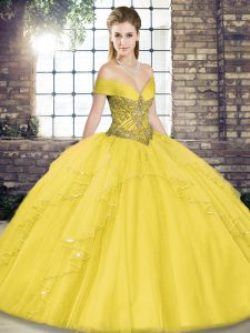 Sexy Gold Ball Gowns Tulle Off The Shoulder Sleeveless Beading and Ruffles Floor Length Lace Up Sweet 16 Dress