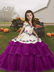 Purple Ball Gowns Straps Sleeveless Tulle Floor Length Lace Up Embroidery and Ruffled Layers Pageant Gowns For Girls