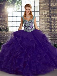 New Arrival Purple Sweet 16 Dress Military Ball and Sweet 16 and Quinceanera with Beading and Ruffles Straps Sleeveless Lace Up