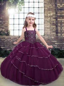 Purple Ball Gowns Straps Sleeveless Floor Length Lace Up Beading and Ruffled Layers Little Girls Pageant Dress Wholesale