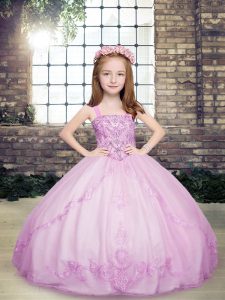 Luxurious Floor Length Lace Up Little Girls Pageant Dress Wholesale Lilac for Party and Military Ball and Wedding Party with Beading