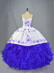 Sexy Blue And White Organza Lace Up Halter Top Sleeveless Sweet 16 Dresses Brush Train Beading and Embroidery and Ruffles