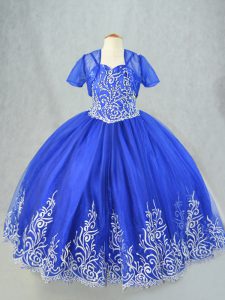 Fashionable Spaghetti Straps Sleeveless Lace Up Little Girl Pageant Gowns Royal Blue Tulle