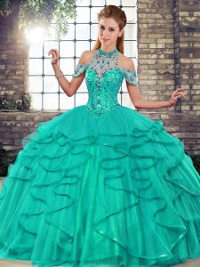 Floor Length Turquoise Quinceanera Dress Tulle Sleeveless Beading and Ruffles