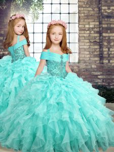 Dramatic Sleeveless Lace Up Floor Length Beading and Ruffles Kids Formal Wear