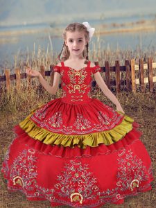 Red Girls Pageant Dresses Wedding Party with Beading and Embroidery Off The Shoulder Sleeveless Lace Up