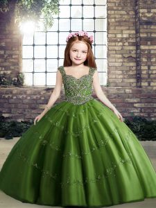 New Style Sleeveless Floor Length Beading Lace Up Little Girls Pageant Gowns with Green