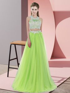 Unique Floor Length Zipper Quinceanera Court Dresses Yellow Green for Wedding Party with Lace