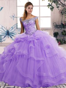 High Quality Lavender Sleeveless Floor Length Beading and Ruffles Lace Up 15 Quinceanera Dress