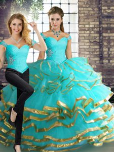 Aqua Blue Two Pieces Beading and Ruffled Layers Quinceanera Dress Lace Up Tulle Sleeveless Floor Length