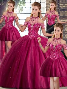 Fuchsia Sweet 16 Quinceanera Dress Tulle Brush Train Sleeveless Beading