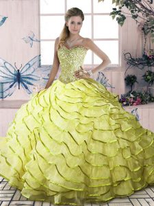 Superior Brush Train Ball Gowns Quinceanera Dress Yellow Green Halter Top Organza Sleeveless Lace Up