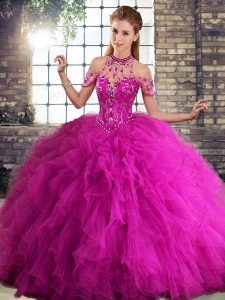 Spectacular Floor Length Lace Up Quince Ball Gowns Fuchsia for Military Ball and Sweet 16 and Quinceanera with Beading and Ruffles